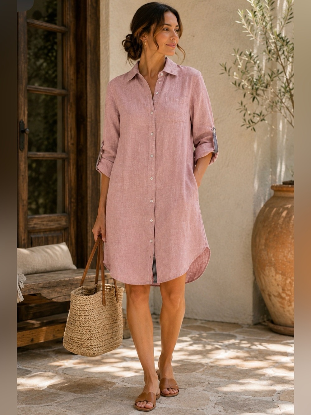 C&C California Pink 100% Linen Shirt Dress Tunic Size Large